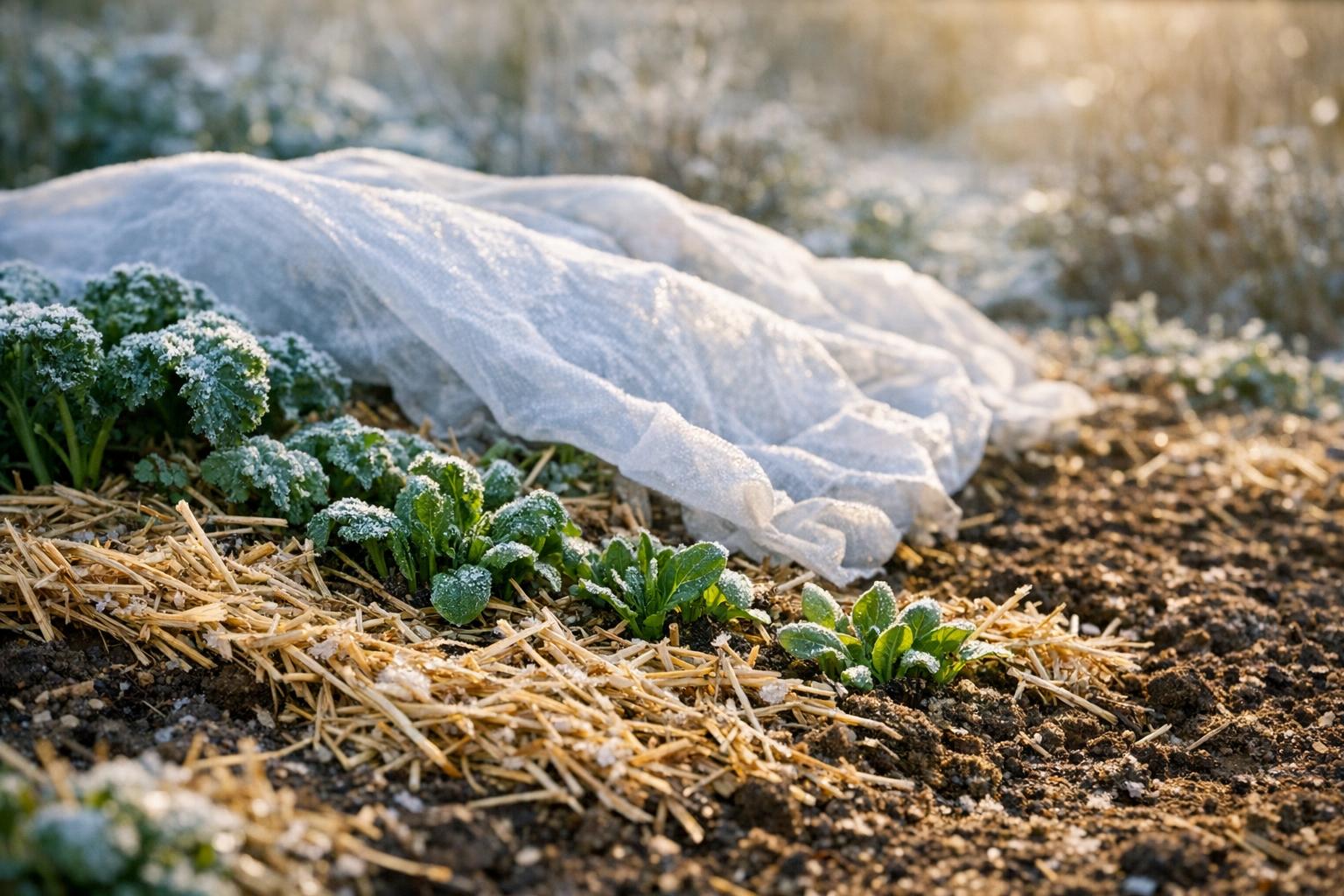 Mit Stroh und Laub gemulchte Gemüsebeete im Winter