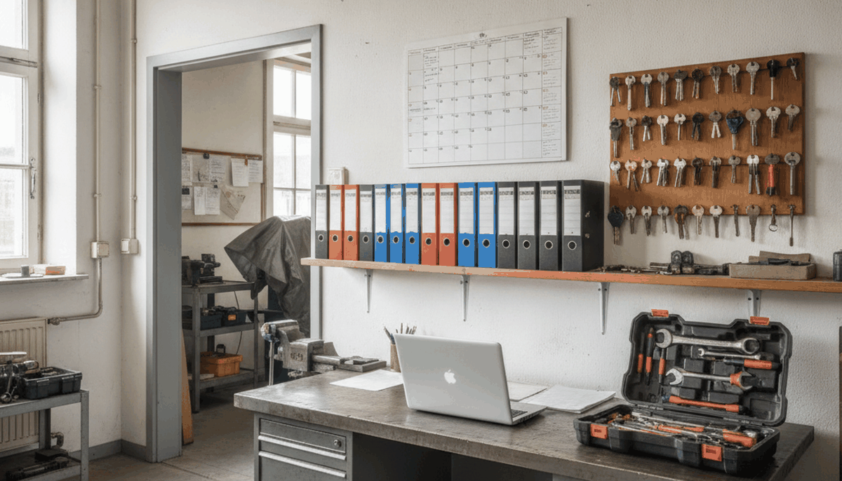 Fachbetriebbüro mit Wandkalender, Ordnern und einem Notebook auf dem Schreibtisch