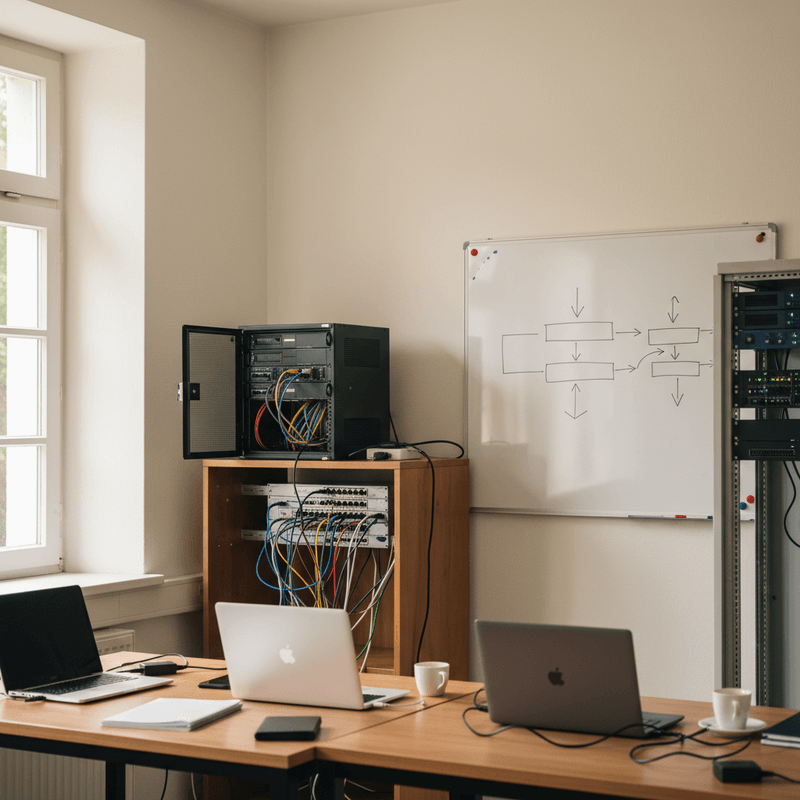 Dokumentarische Server- und Büroaufnahme mit Mini-Server, Ablaufboard und einem geordneten Agenten-Stack für ein KMU