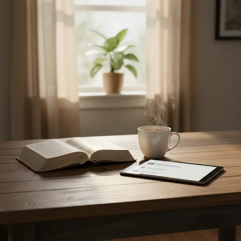 Frühmorgen-Küchenszene mit aufgeschlagener Bibel, dampfender Tasse und Tablet mit Andachts-E-Mail im Posteingang