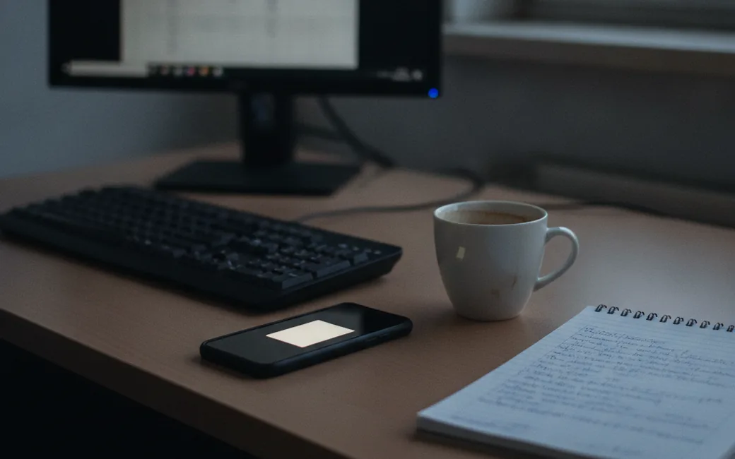 Schreibtisch am Abend: Smartphone mit eingehender Meldung neben Tastatur, Notizblock und Kaffeetasse