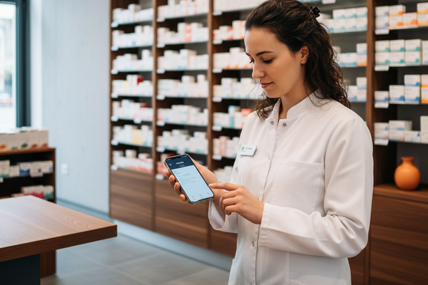 Apothekerin hinter dem Tresen einer deutschen Apotheke nutzt die Branchen-App