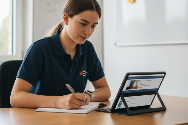 Auszubildende mit Tablet und Notizbuch bei einer Schulung in einem deutschen Büroraum
