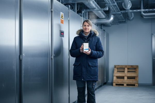 Facility-Managerin im Kühlhaus liest Live-Werte auf der Sensorik-App