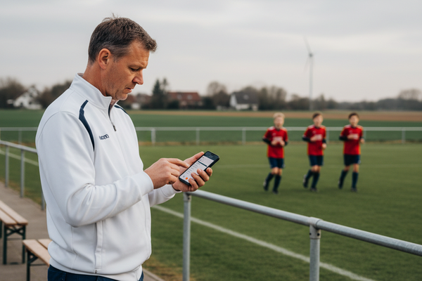 Fussball-Trainer am Spielfeldrand schaut auf die Vereins-App seines Clubs