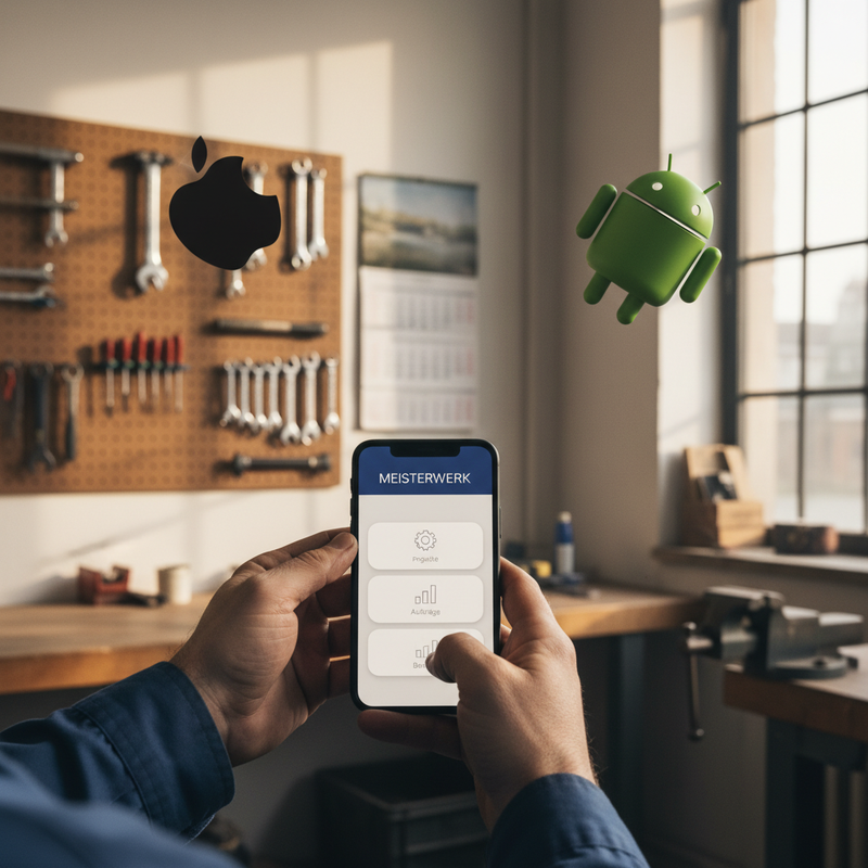Hand eines Handwerkers hält ein Smartphone hochkant mit der eigenen Firmen-App, im Hintergrund schweben das Apple- und das Android-Logo durch den Werkstattraum