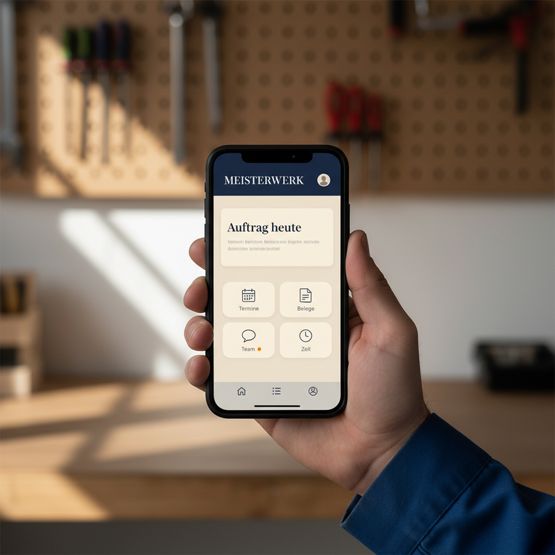 Hand hält ein Smartphone hochkant, auf dem Bildschirm läuft die individuelle Firmen-App MEISTERWERK mit Auftrags-Übersicht und vier Schnell-Buttons