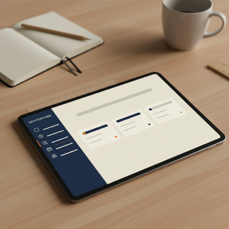 Tablet auf einem Holzschreibtisch, das Querformat-Layout der Firmen-App zeigt eine Sidebar-Navigation und drei Auftragskarten in der Übersicht