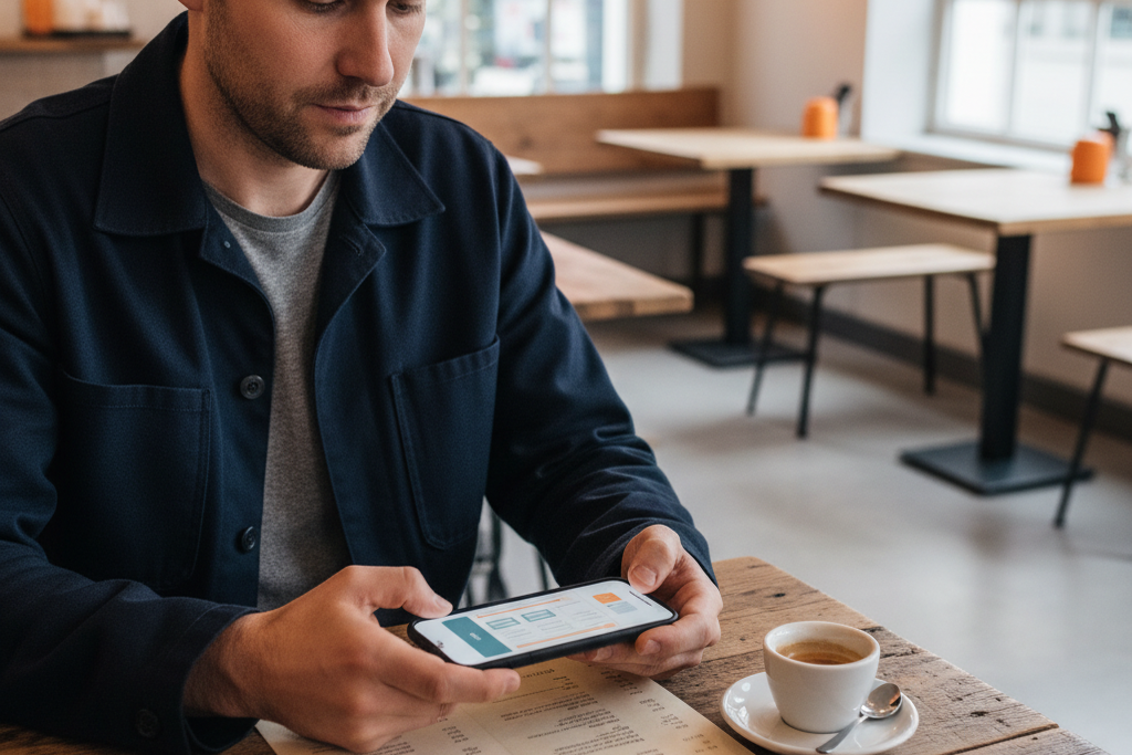 Cafe-Gast bestellt am Tisch über die Kunden-App des Cafes mit einer Tasse Kaffee daneben