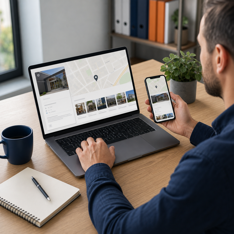 Unternehmer prüft am Laptop und Smartphone einen Firmeneintrag mit Kartenansicht und Standortmarkierung