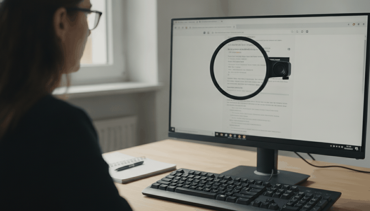 Arbeitsplatz mit großem Monitor, auf dem eine Website mit Bildschirmlupe stark vergrößert dargestellt wird