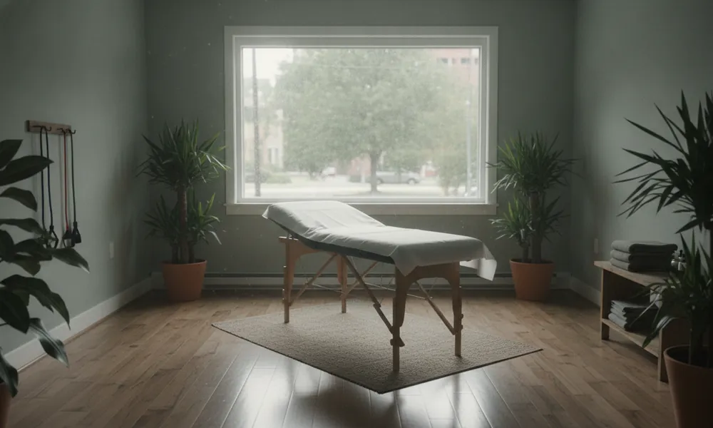 Innenraum einer Physiotherapiepraxis mit Behandlungsliege, Pflanzen und großem Fenster