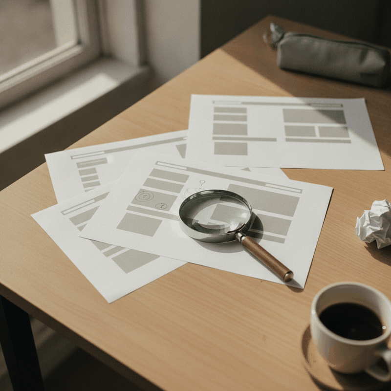 Schreibtisch mit mehreren ausgedruckten Website-Entwürfen, die alle dasselbe Layout zeigen, daneben ein Stift und eine Lupe