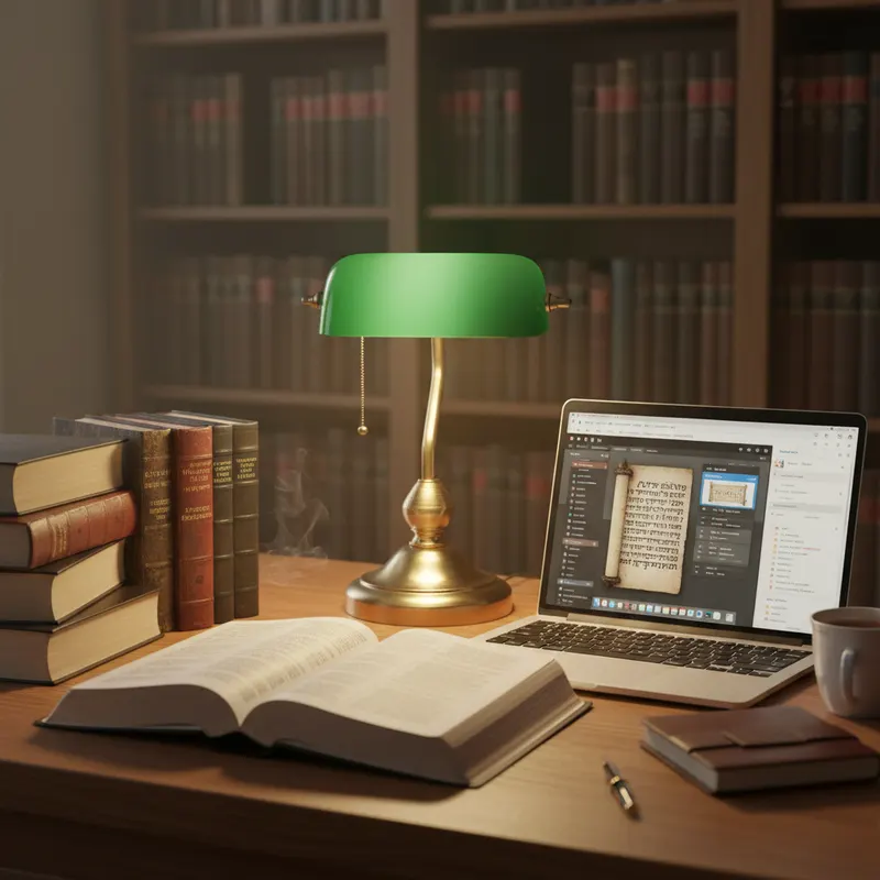 Theologischer Studientisch: große aufgeschlagene Bibel mit Nachschlagwerken, Laptop mit Studienoberfläche, Lampenlicht, Kommentare im Hintergrund