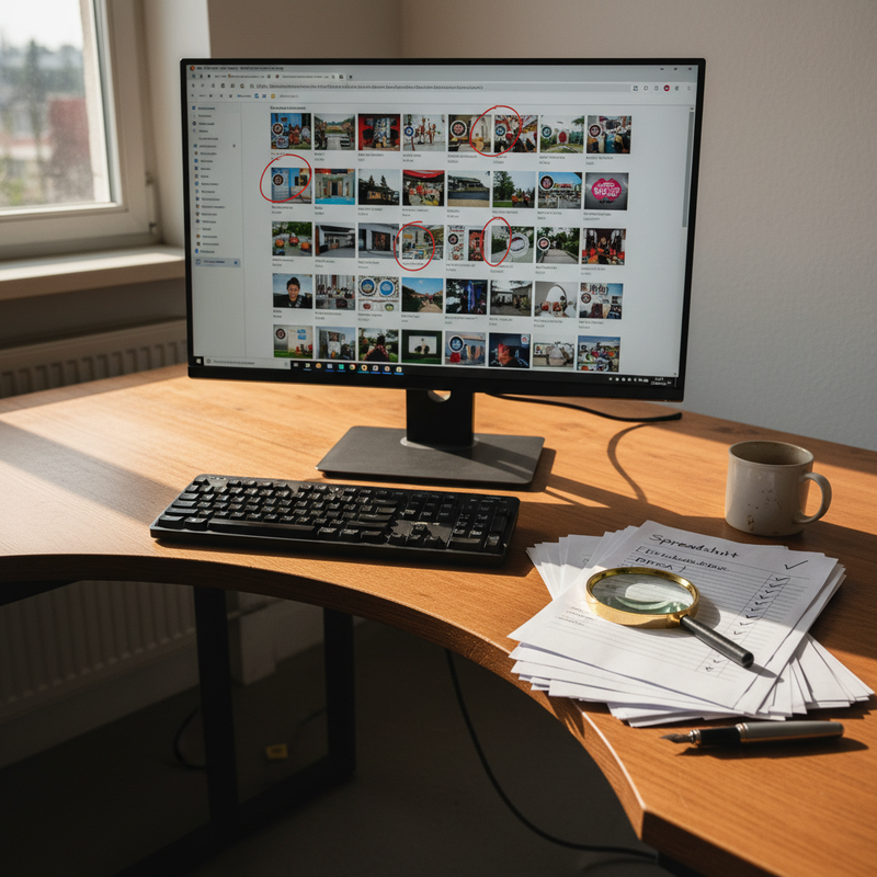 bildwache© – Schreibtisch mit Monitor, Bilder-Galerie und Lupe in einer deutschen Manufaktur