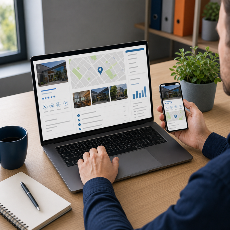 Unternehmer prüft am Laptop und Smartphone einen lokalen Firmeneintrag mit Karte, Fotos und Empfehlungs-Hinweisen