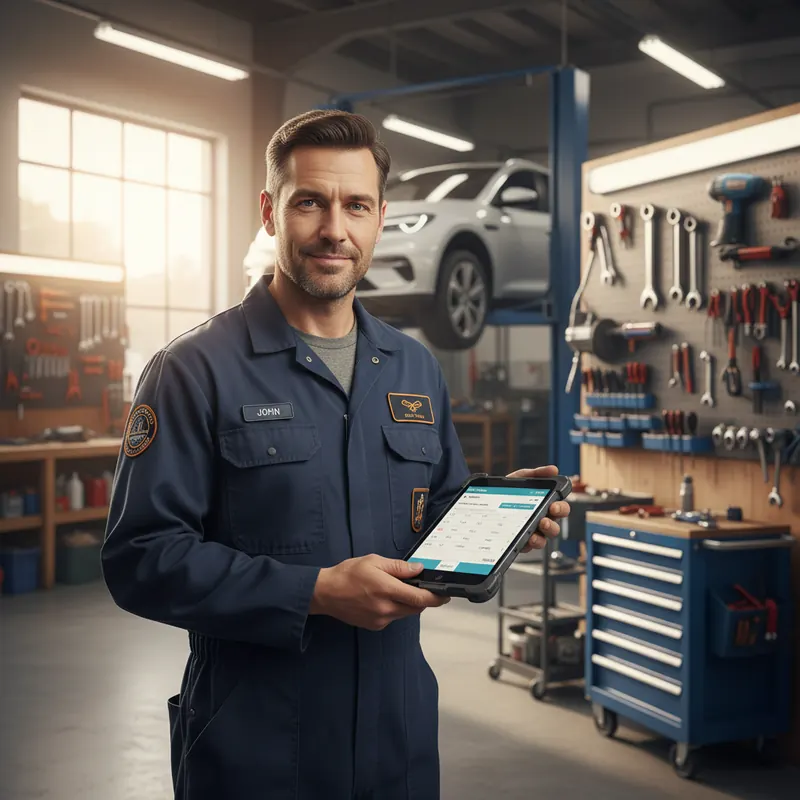 Kfz-Mechaniker nutzt Tablet mit Branchensoftware in einer modernen Werkstatt