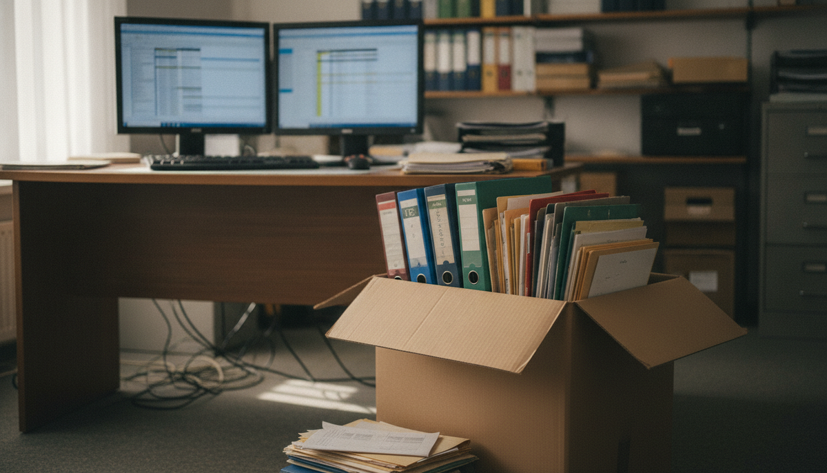Büroschreibtisch mit zwei Monitoren ohne lesbaren Inhalt, daneben ein offener Umzugskarton voller Aktenordner