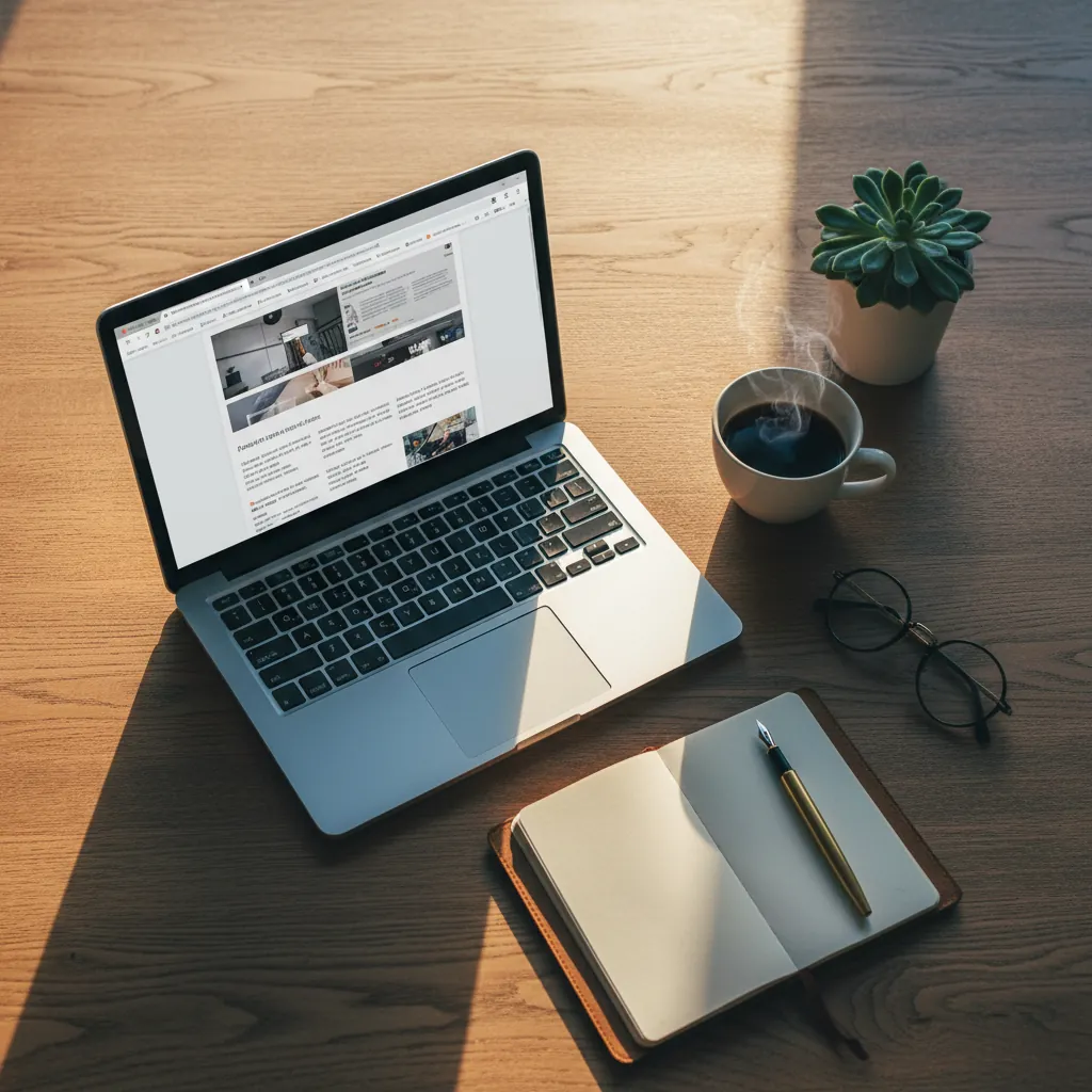 Claude for Chrome einrichten – Browser-Agent bedient Chrome-Tabs während am Holzschreibtisch eine Kaffeetasse dampft
