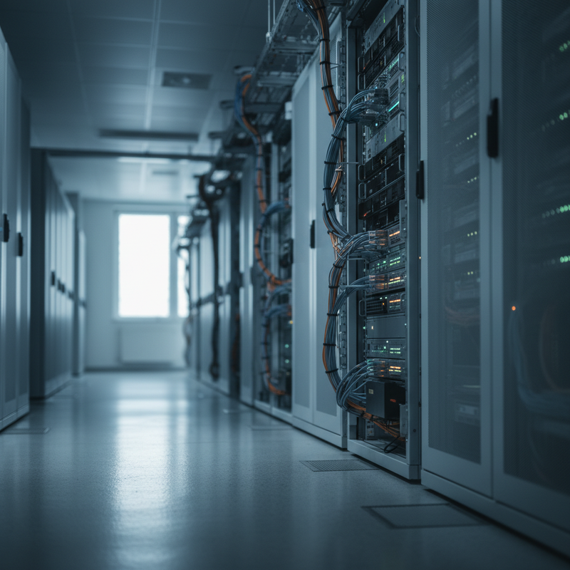 Server-Rack in einem deutschen Rechenzentrum mit Status-LEDs in Cyan und Bernstein, ordentlich verlegten Ethernet-Kabeln