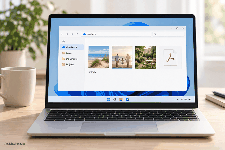 Laptop mit geöffnetem Windows-Datei-Explorer, cloudwerk in der Seitenleiste, Fotovorschauen und Ordner für Fotos, Dokumente und Projekte