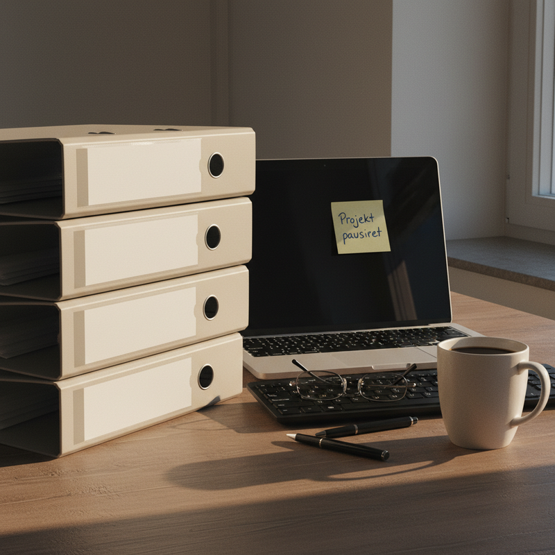 Schreibtisch mit hohem Stapel beiger Aktenordner neben einem unbenutzten Laptop mit gelber Haftnotiz, Tageslicht von rechts