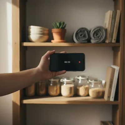 Hand mit Smartphone im Querformat filmt ein vollgepacktes Holzregal