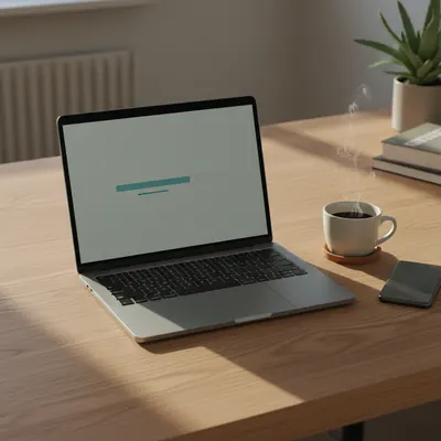 Laptop auf Holzschreibtisch mit Upload-Fortschritts-Anzeige und Kaffeetasse