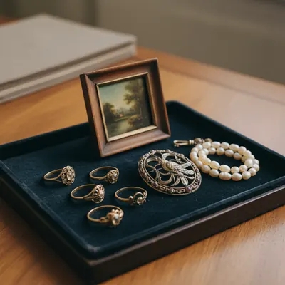 Schmuck-Stillleben auf Samttablett mit Ringen, Brosche, Perlen und kleinem Antikgemälde