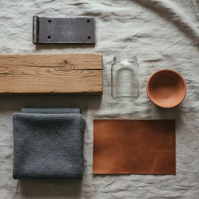 Materialproben: Holz, Metallscharnier, Wollstoff, Leder, Glas und Keramik auf Leinen