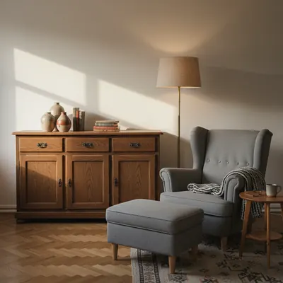 Wohnzimmer-Ecke mit Holzschrank, Beistelltisch, Sessel und Stehlampe