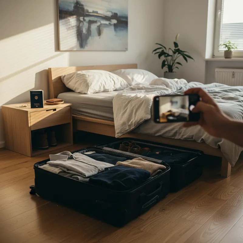 diffus© Reise – Schlafzimmer mit halb gepacktem Koffer