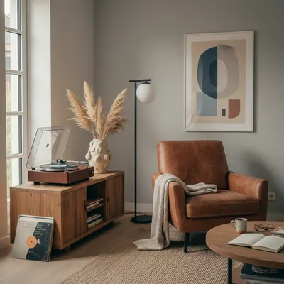 Modernes Wohnzimmer mit Plattenspieler, Designerlampe, Vase und Ledersessel