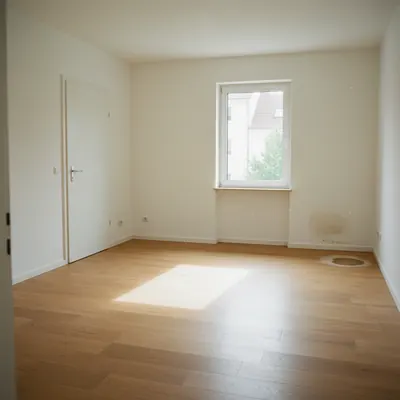 Leerer Wohnungsraum mit weißen Wänden, Kratzern und Wasserfleck im Parkett
