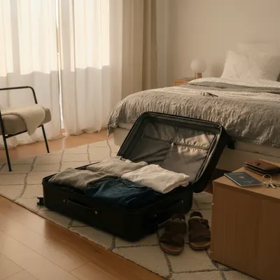 Schlafzimmer vor Urlaub mit halb gepacktem Koffer, Geldbörse und Schlüsseln