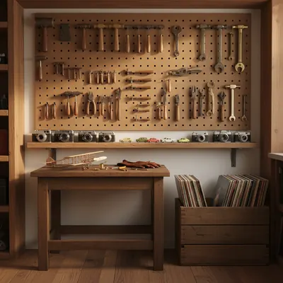 Hobbywerkstatt mit Werkzeug-Lochwand, Vintage-Kameras und Schallplattenkiste