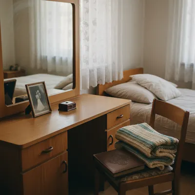 Schlafzimmer mit Frisierkommode, gerahmtem Foto und gestrickter Decke