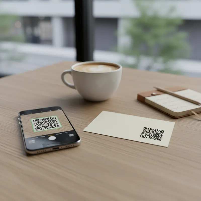 Gedruckte Karte mit dezentem QR-Code auf Cafetisch neben Smartphone, dessen Kamera den QR-Code erfasst, Kaffeetasse und Notizbuch unscharf im Hintergrund