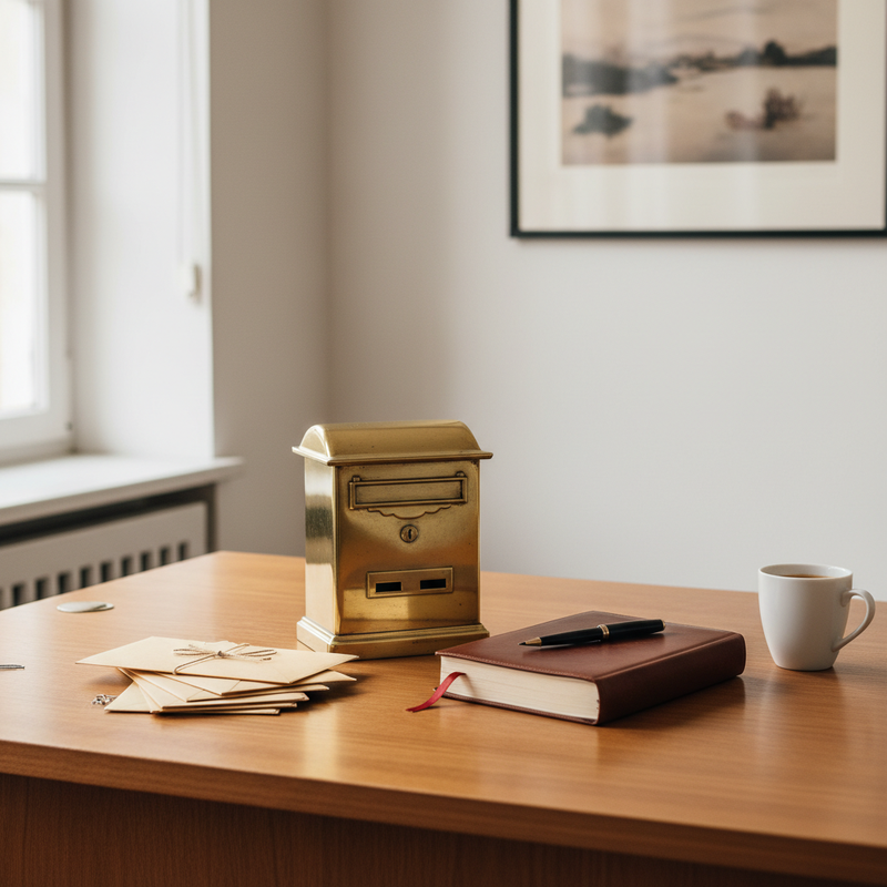 MX-Einträge und DNS prüfen — Messing-Briefkasten mit Briefstapel, Leder-Adressbuch und Füllfeder auf Holzschreibtisch als Sinnbild für zuverlässige Mail-Zustellung