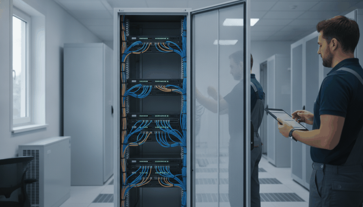 Serverraum mit geöffnetem Netzwerkschrank, Switches und sauber gepatchten Kabeln in Blau und Gelb