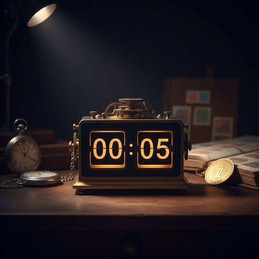 eBay-Auktionsjäger – Split-Flap-Countdown zeigt 00:05 Sekunden vor Auktionsende neben Taschenuhr und Sammlerstücken