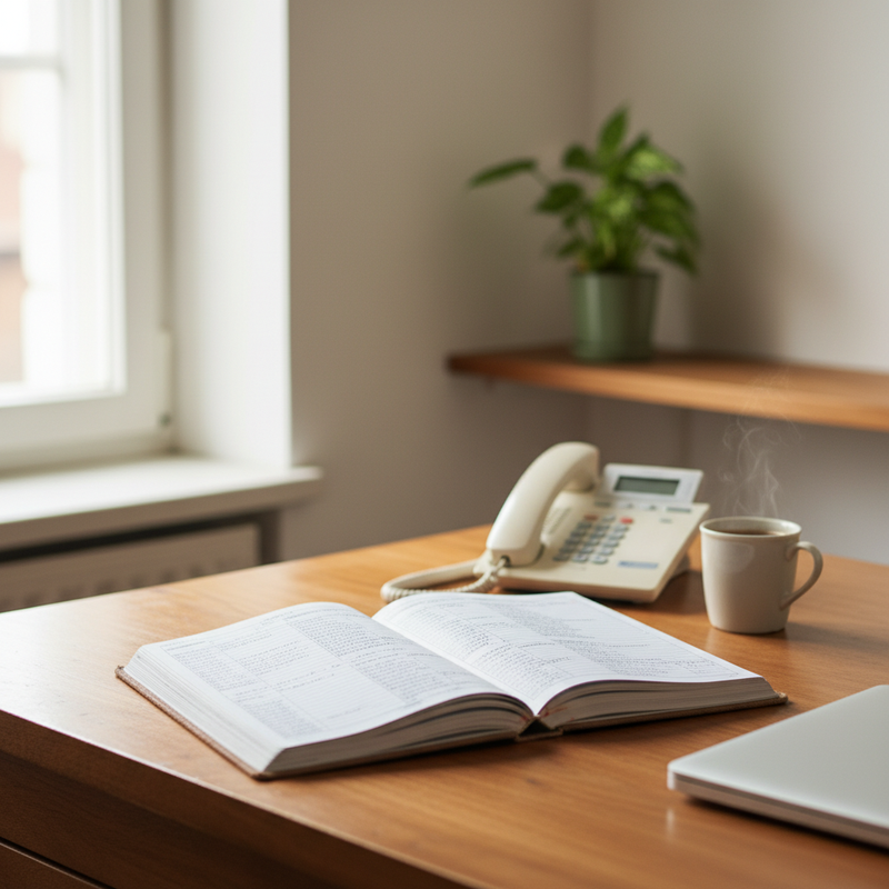 Aufgeklapptes Büro-Notizbuch mit Kundenliste neben einem Laptop auf einem warmen Holzschreibtisch