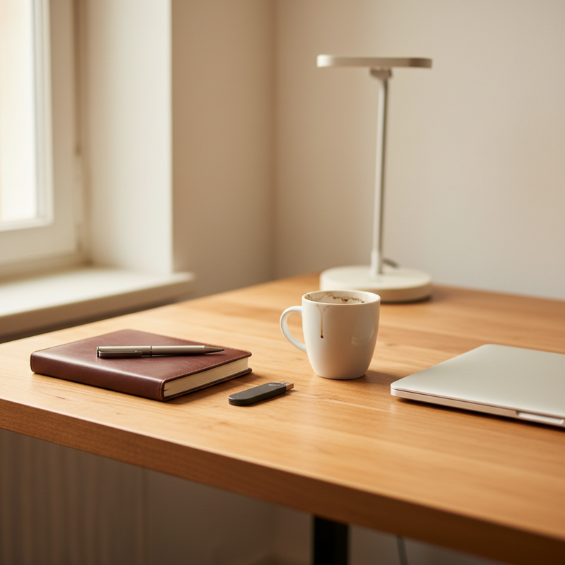 Holzschreibtisch mit geschlossenem Notizbuch, Hardware-Security-Key, Kaffeetasse und Laptop — ruhige Szene, die sorgfältige Konto-Sicherheit vermittelt