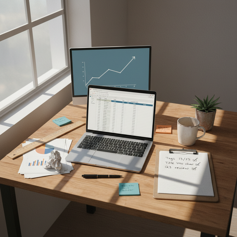 Etsy-Optimierung – Fachbetrieb-Schreibtisch mit Etsy-Shop-Dashboard, Listing-Spreadsheet und Analytics-Charts auf zwei Monitoren