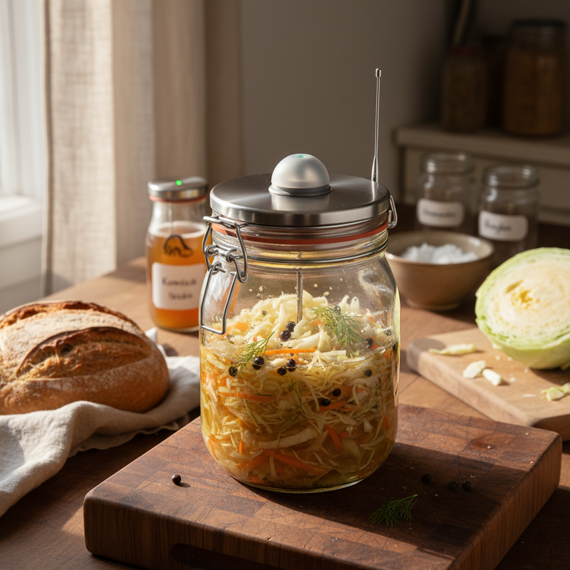 Bügelglas mit geschlossenem Smart-Lid in einer deutschen Küchenwerkstatt: Sauerkraut mit Karotten und Wacholderbeeren fermentiert anaerob, kleiner Edelstahl-Deckel mit Airlock-Dome und kurzer Antenne, Sauerteig-Brot und halber Weißkohl im Hintergrund