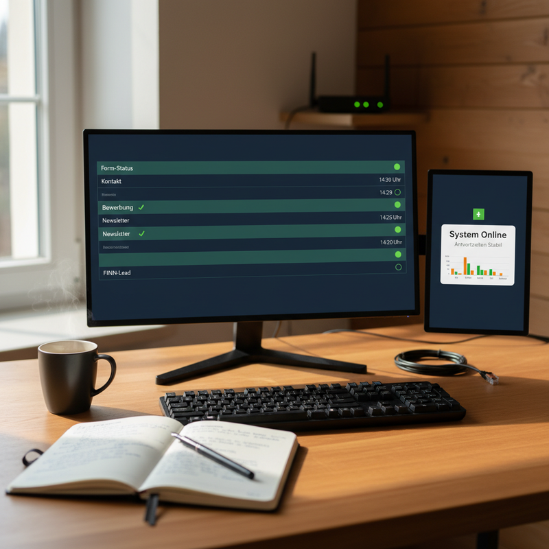 Schreibtisch mit Monitor und Form-Status-Dashboard: Kontaktformular, Bewerbungsformular, Newsletter und Lead-Strecke jeweils mit grüner Status-LED, daneben Tablet mit System-Online-Anzeige, Tastatur, Notizbuch und Kaffeetasse