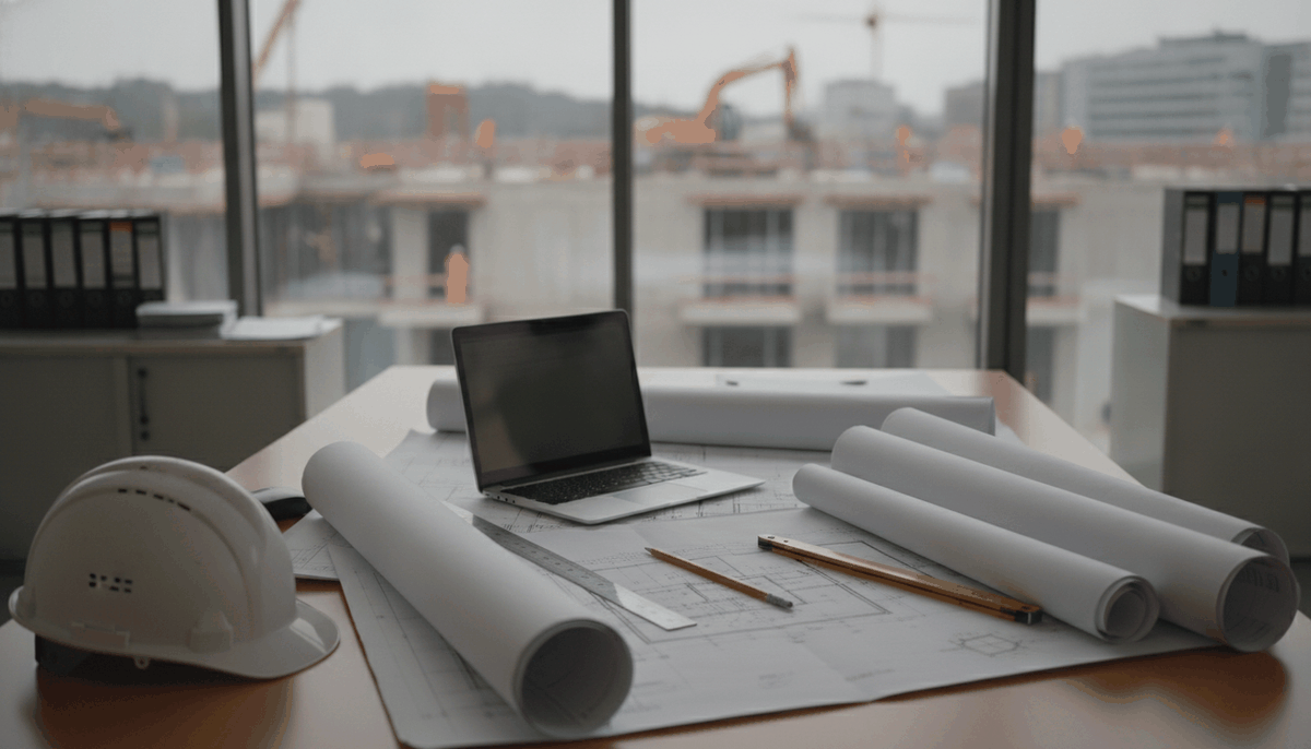 Bauleiterbüro mit ausgebreiteten Bauplänen, Laptop, Zollstock und Schutzhelm auf dem Tisch