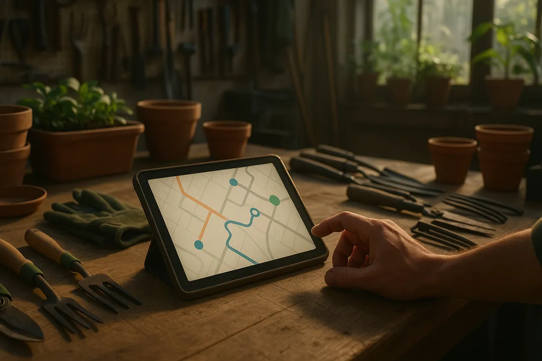 Gärtnerei-Fachbetrieb mit Tablet auf Arbeitsplatz zeigt Routenplan