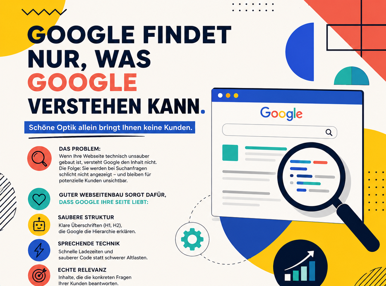 Illustration mit der Aussage Google findet nur, was Google verstehen kann, Suchfenster, Lupe und Hinweisen zu Struktur, Technik und Relevanz