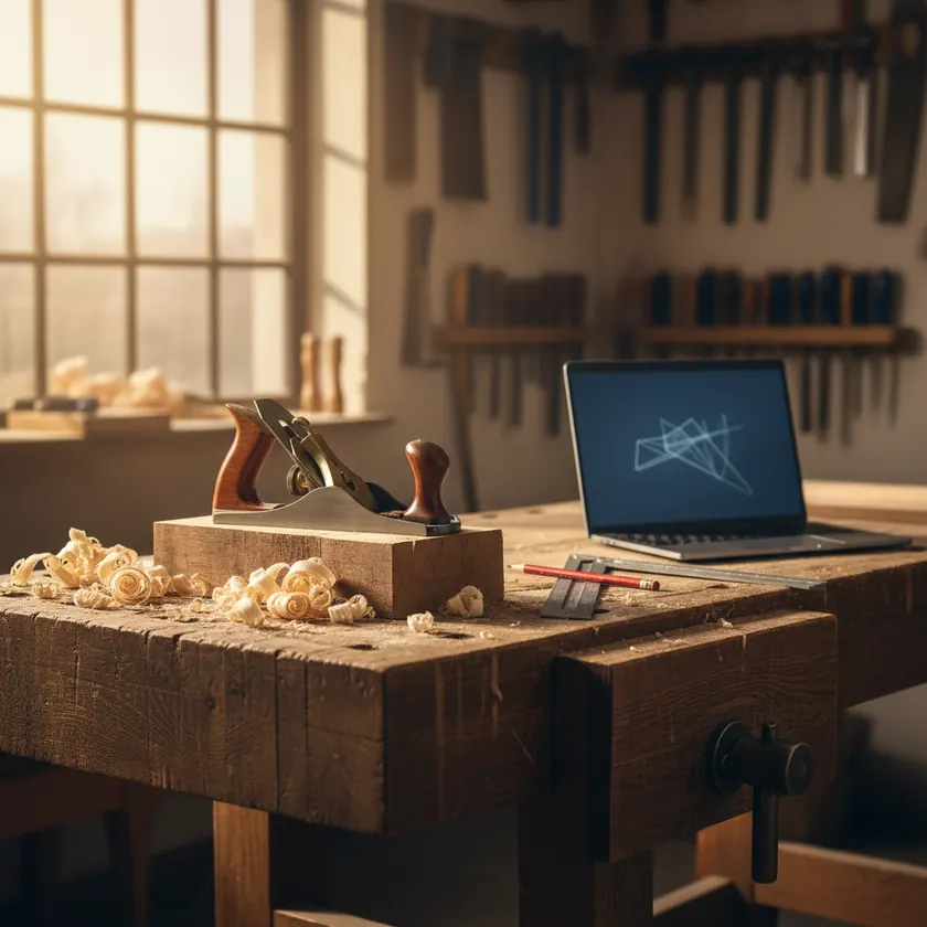 Schreinerei-Werkbank mit Handhobel, Holzspänen und einem Laptop, auf dem eine technische Zeichnung zu sehen ist – Handwerk trifft Software